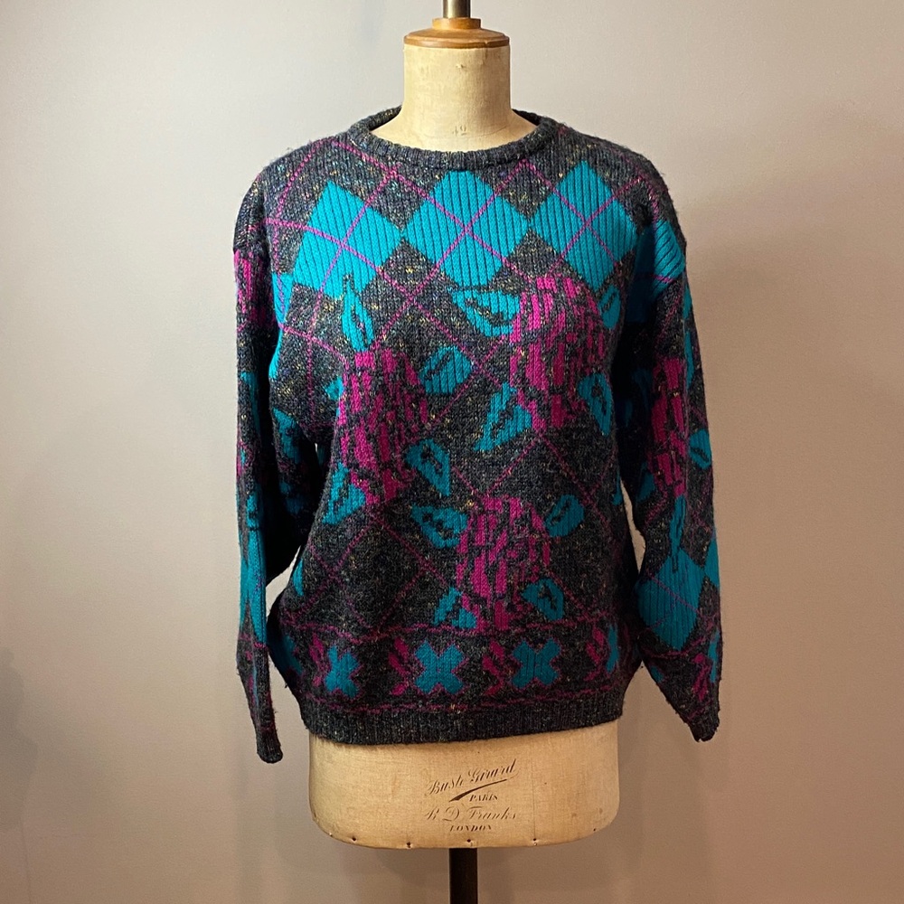 Vintage St. Michael Argyle Knit Sweater | Teal Turquoise Green | Size 16–18